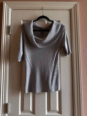 Ann Taylor Metallic Knit Sweater Top Size S Gray Silver Shimmer Cowl Neck